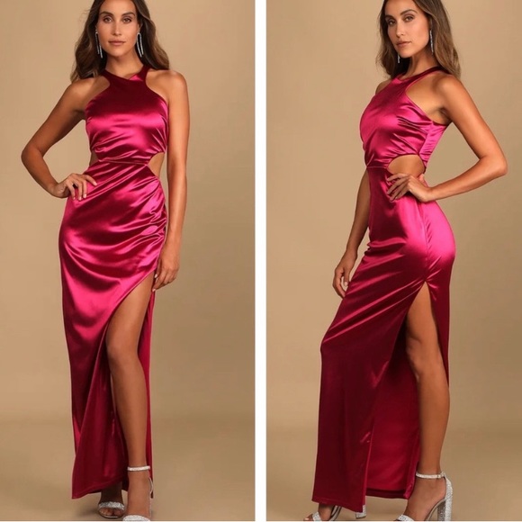 Lulus Dresses & Skirts - LULUS Just as Gorgeous Magenta Satin Halter
Cutout Maxi Dress
